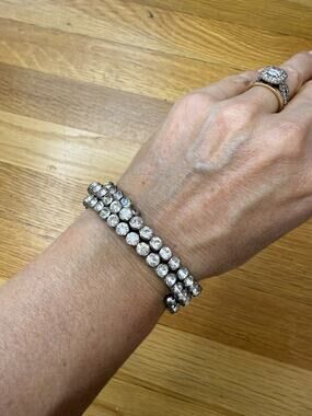 Vintage Silver Tone Clear Rhinestone Bracelet Triple Row Expandable Coil Wrap